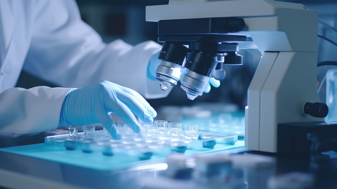 Close up of gloved hands working with specimens under a microscope