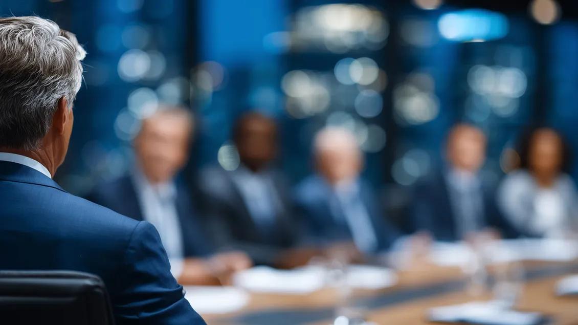 Blurry image of a group of men and women sitting at a boardroom table