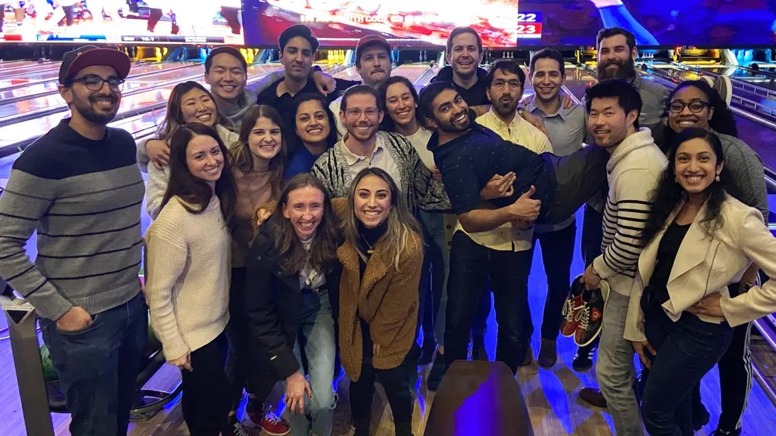 Ophthalmology residents gather at a bowling alley for some fun