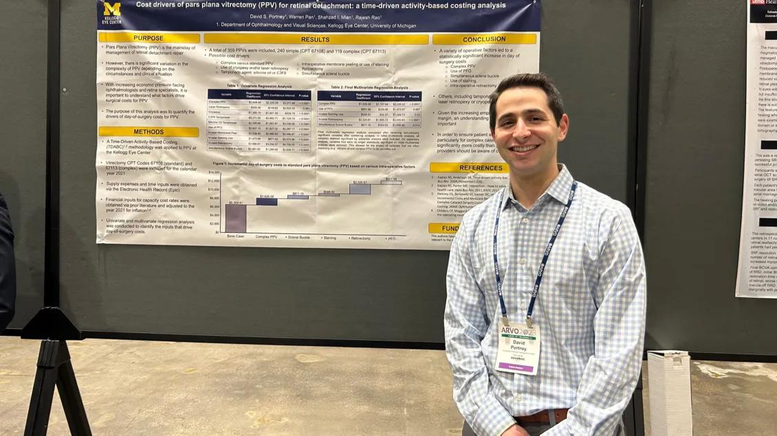 Ophthalmology resident standing in front of their research poster at the ARVO annual meeting