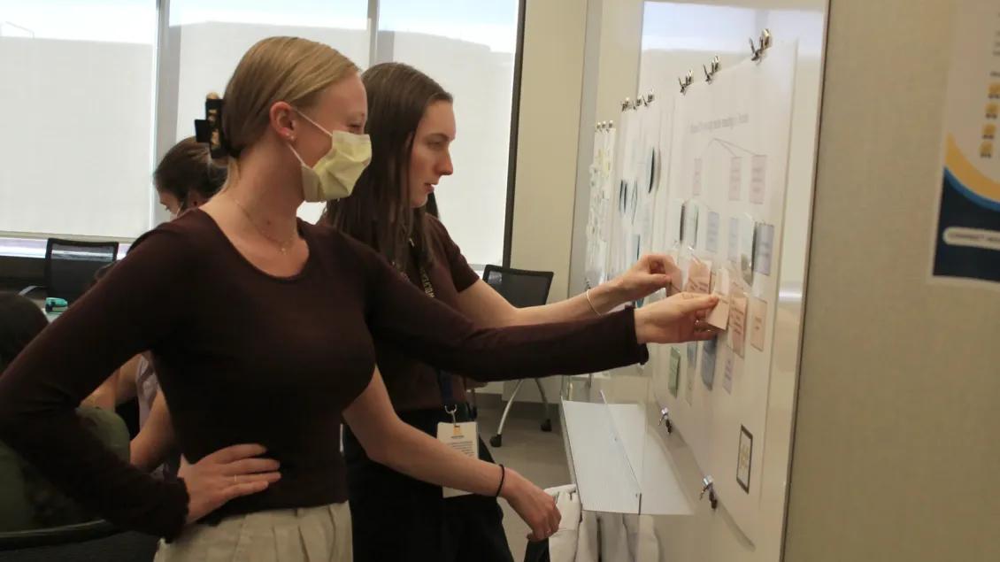 Two people working on a project on a white board