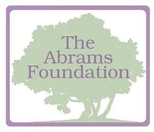 Logo for The Abrams Foundation featuring the organization’s name in purple text overlaid on a silhouette of a large, leafy tree in light green. The design is framed by a rounded purple border.