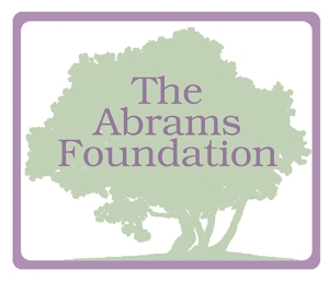 Logo for The Abrams Foundation featuring the organization’s name in purple text overlaid on a silhouette of a large, leafy tree in light green. The design is framed by a rounded purple border.