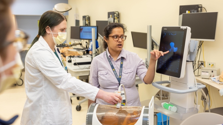  obgyn fellow teaches studuent during lab simulation while showing scans on a monitor 