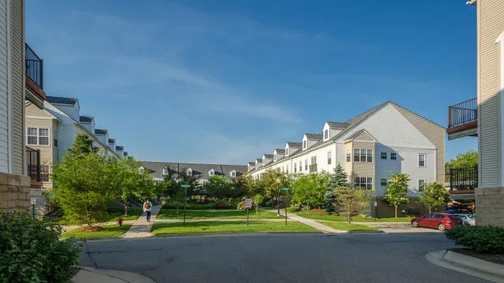 Campus housing buildings with a clear sky