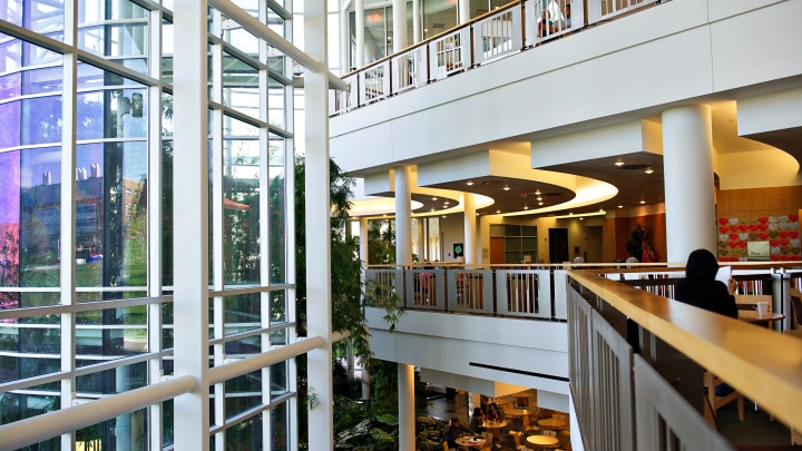 View of atrium from the second floor looking down on the cafe tables and greenery