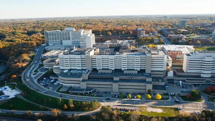 Aerial view of University of Michigan Health hospital located in Ann Arbor, Michigan.