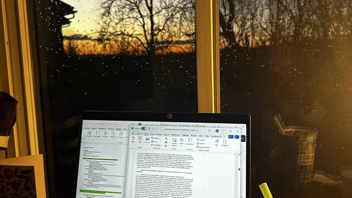 Image of an open laptop computer on a desk in front of a window with a sunset in the background