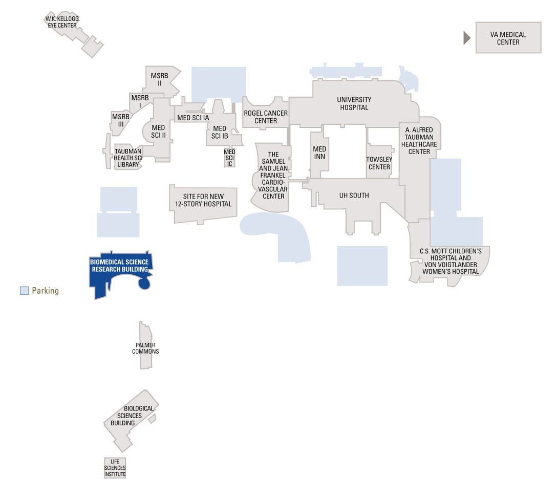 Map overview of Medical Campus with Biomedical Science Research Building highlighted in blue