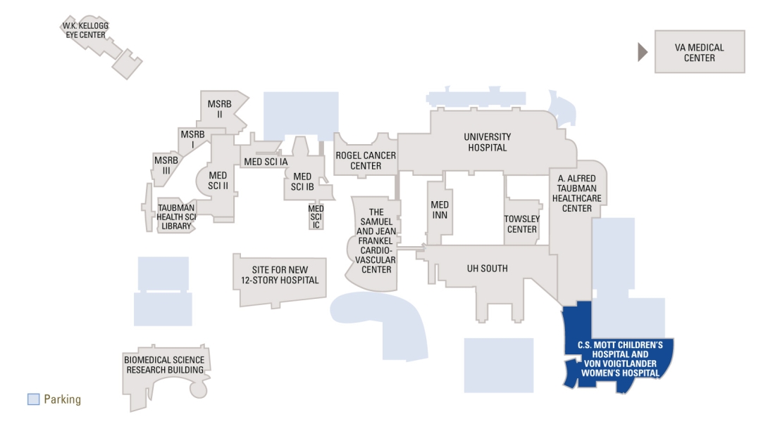 campus map of facilities with Mott hospital highlighted in blue 