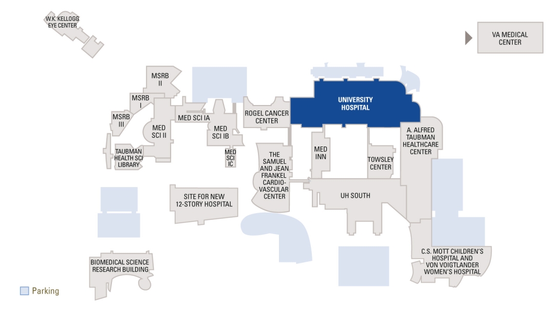 Map view of Medical campus with University Hospital highlighted in blue