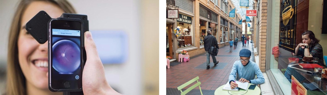 Collage including medical phone device and a woman at a cafe