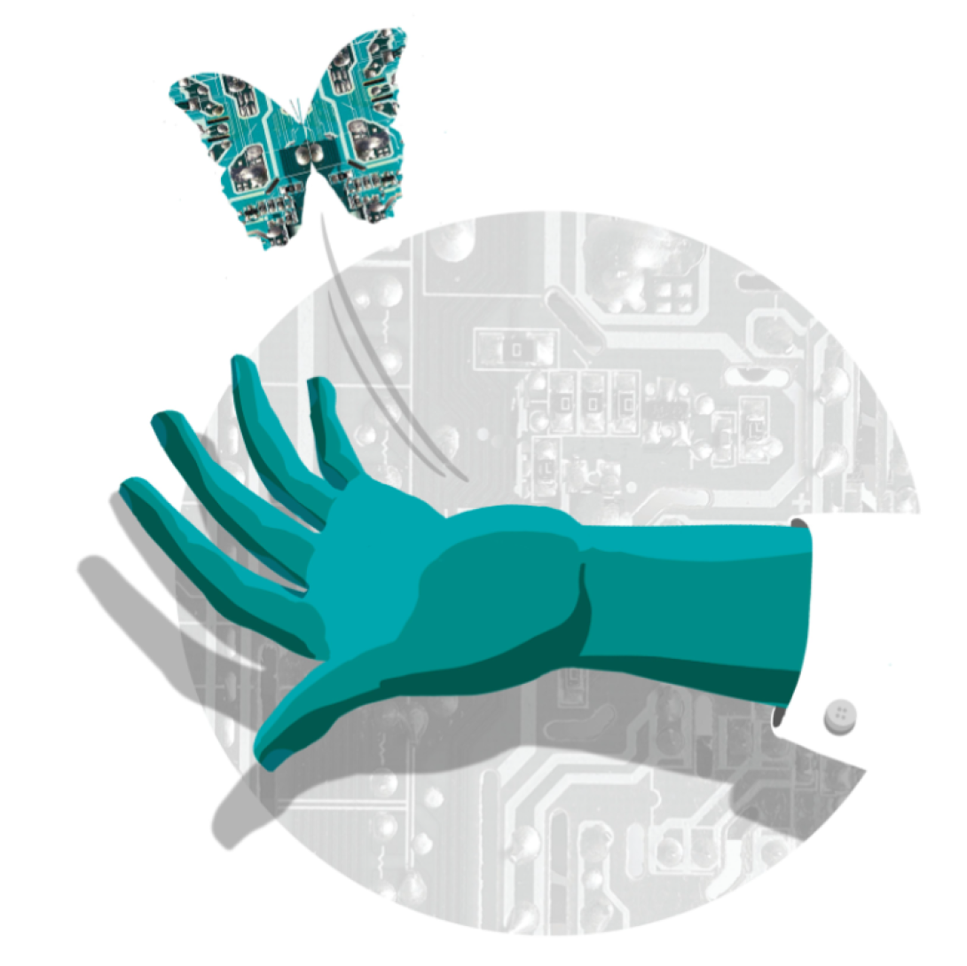 Illustration of a hand releasing a butterfly. The hand is teal and set against a gray backdrop of old computer parts. The butterfly is teal and overlaid with images of computer parts.