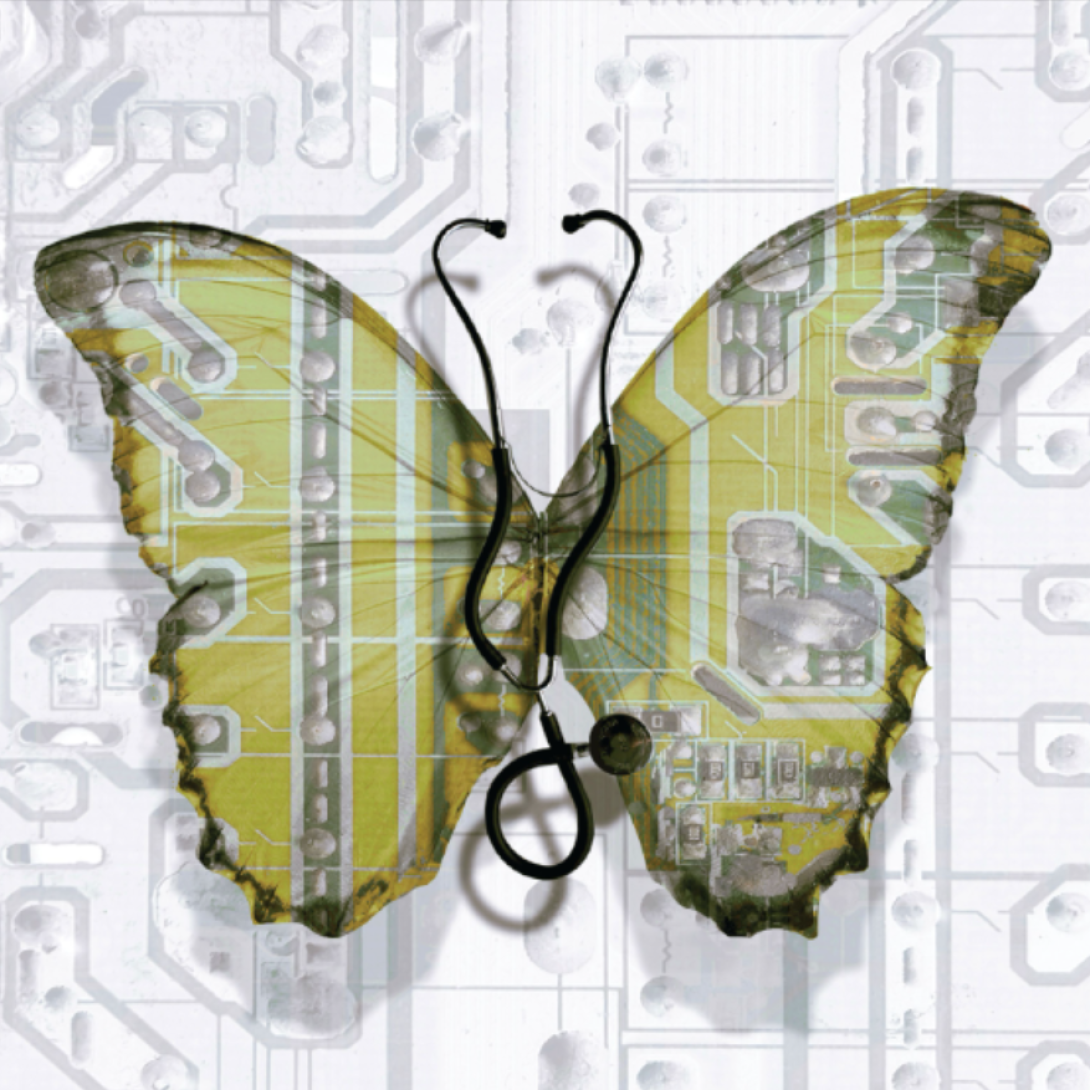 Illustration of a butterfly with green wings overlaid on abstract computer parts. Where the butterfly's body and antennae would be, there is a stethoscope.