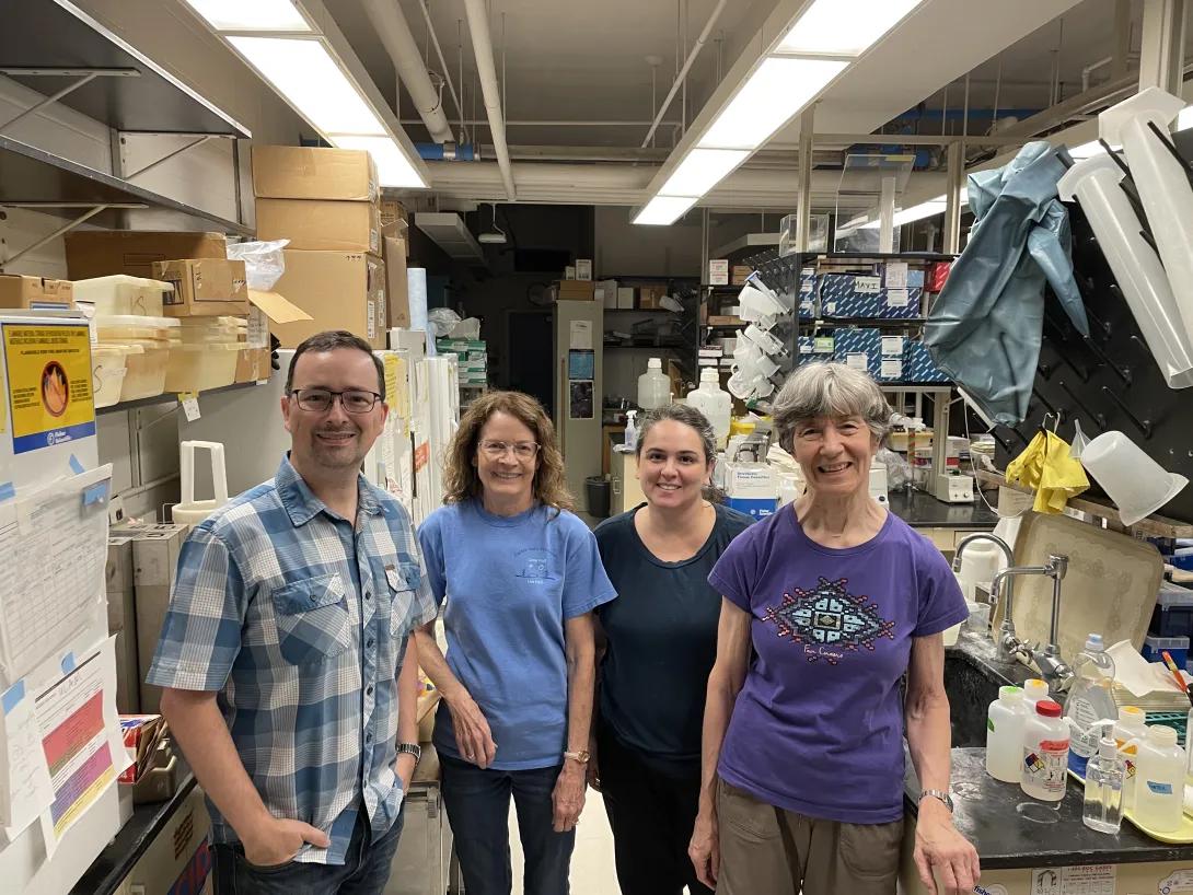 The last day of the Spindler Lab (June 30, 2024), after the start of dismantling. Left to right, Dan Edwards, Irene Althaus, Luiza Castro Jorge, Kathy Spindler 