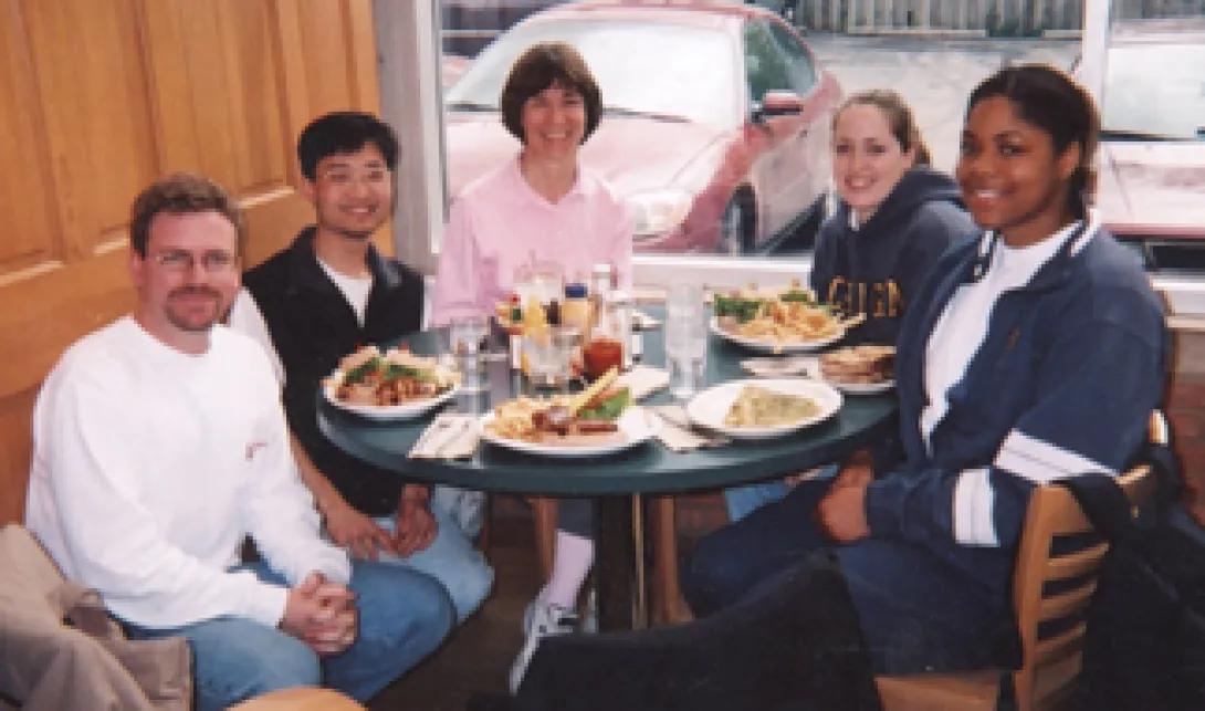 Spindler Lab for first lab lunch at Angelo’s, Ann Arbor, May 2002. Left to right, Marty Moore, Lei Fang, Kathy Spindler, Amanda Welton, Jasmine Clair