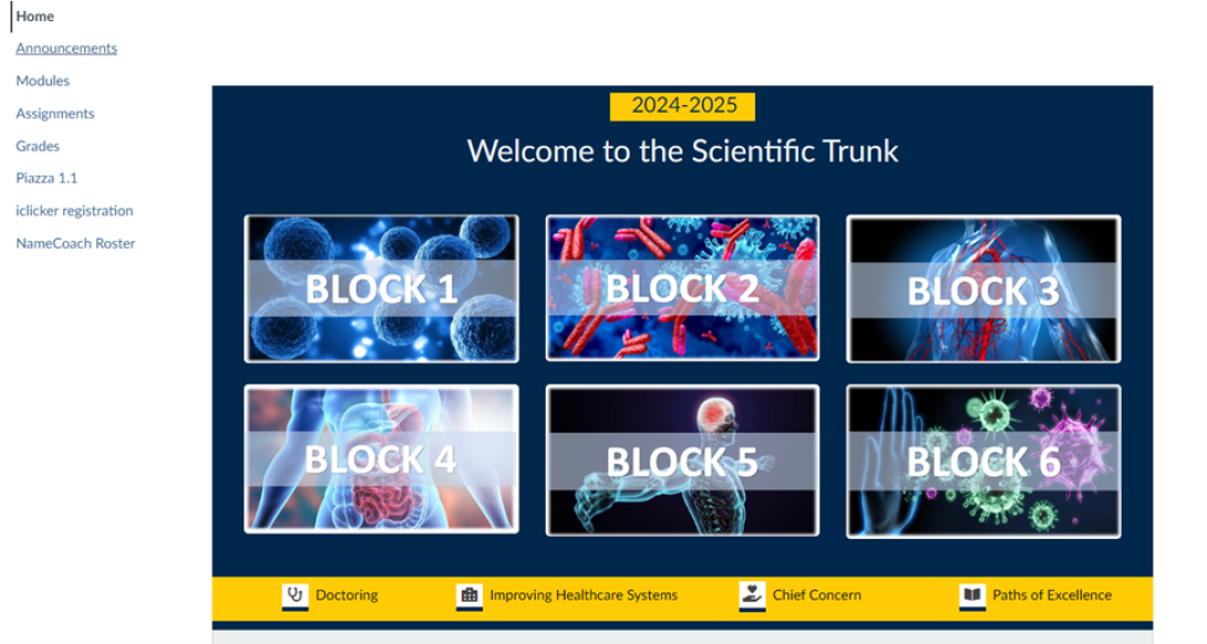 Screenshot of home screen that says Welcome to the Scientific Trunk Block 1, 2, 3, 4, 5, 6