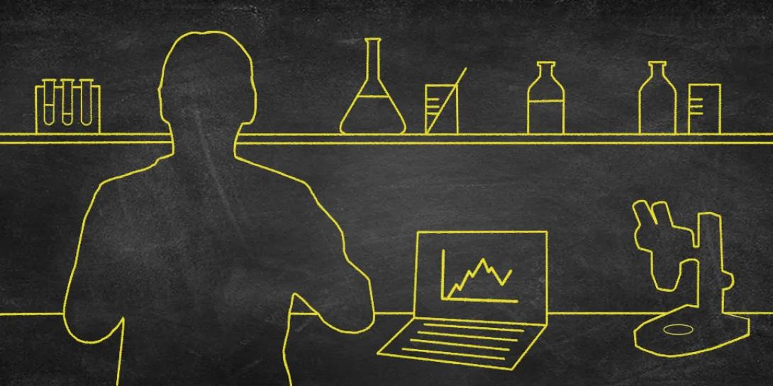 Illustrated graphic of a person working in a lab