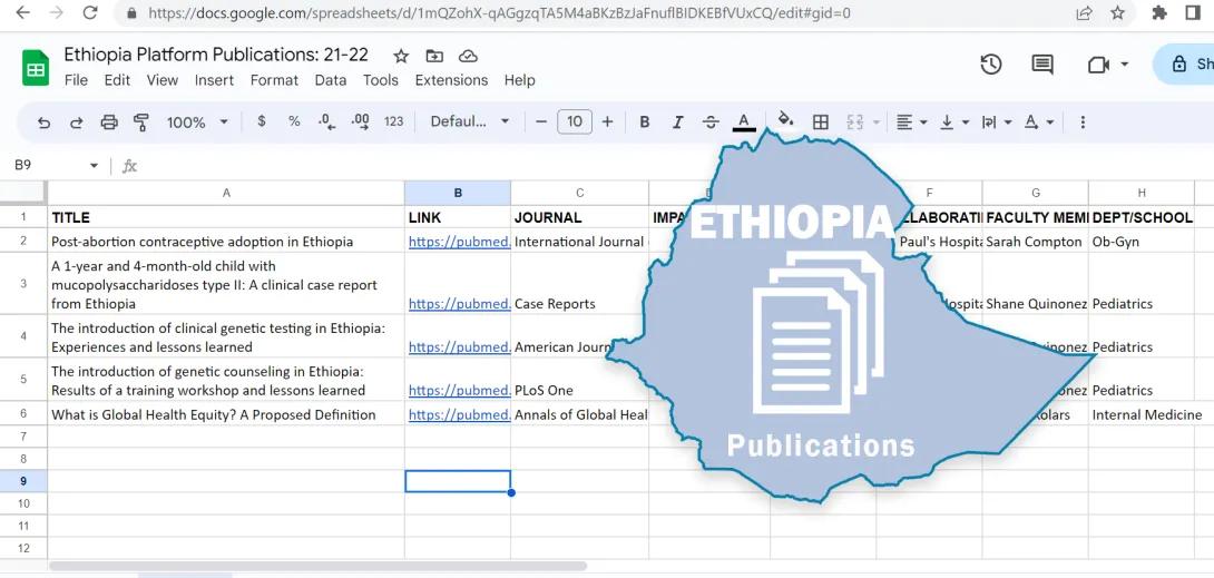 A screenshot of a spreadsheet for Ethiopia publications