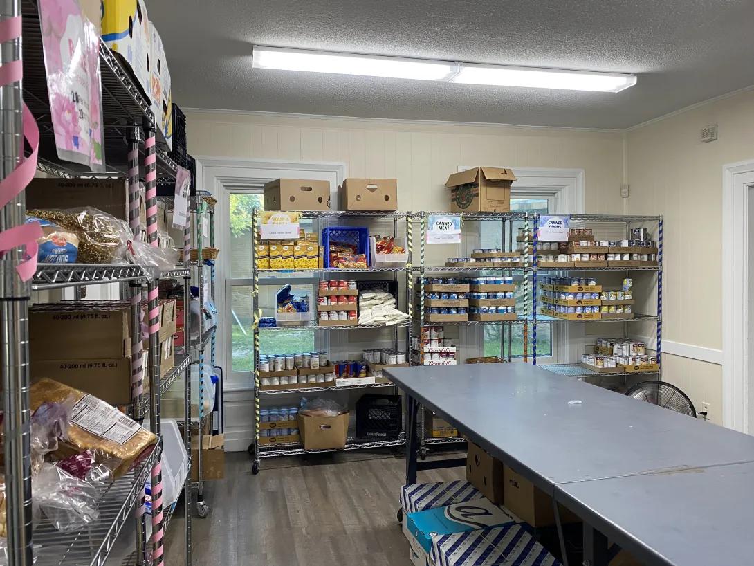 food pantry shelves at the SOS Food Pantry