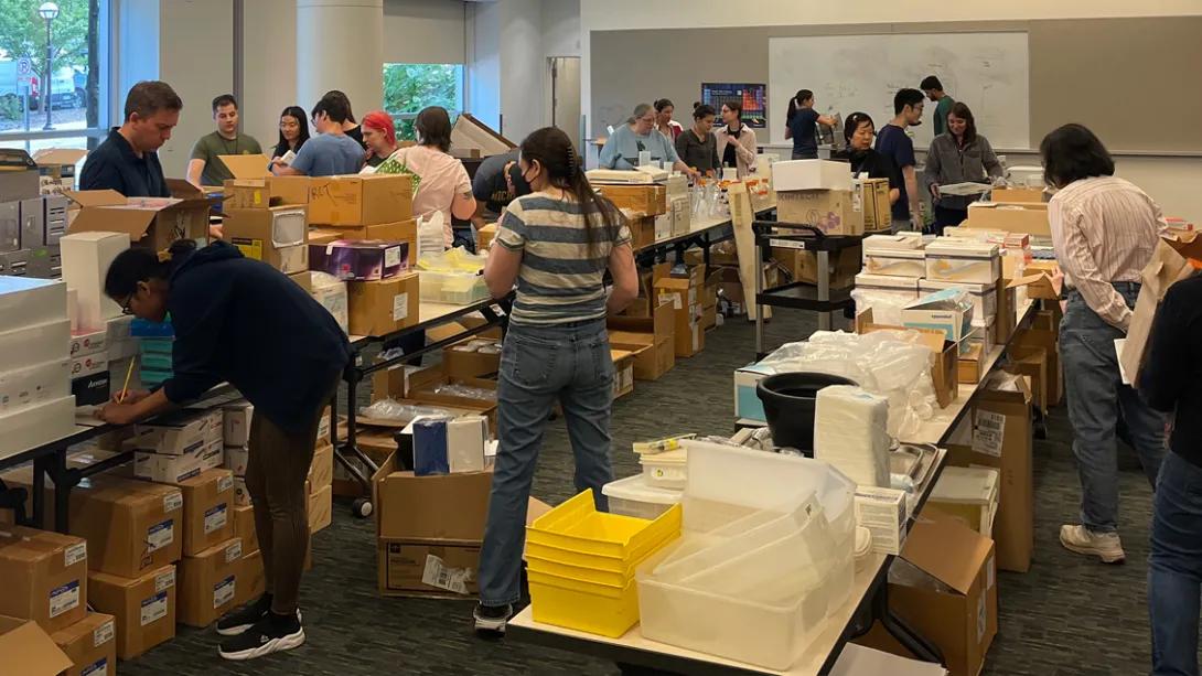 A group of people working on office initiatives