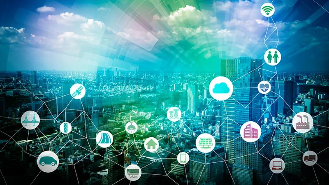 Graphic of city with rainbow beams of light leading to a variety of icons