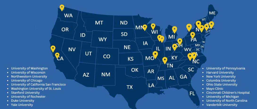 A map showing various locations on the United States