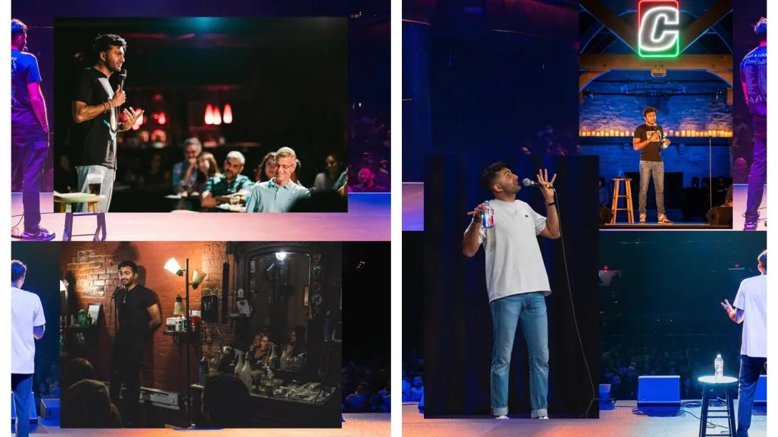 Collage of Nimesh Patel performing standup