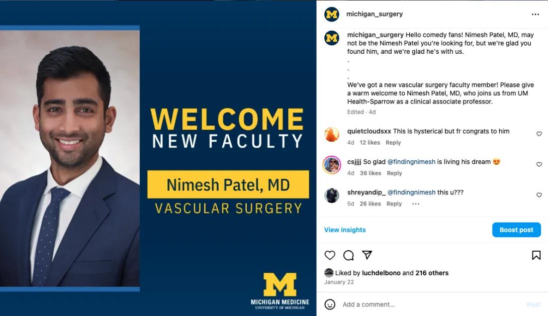 Screenshot of a welcome post for Nimesh Patel