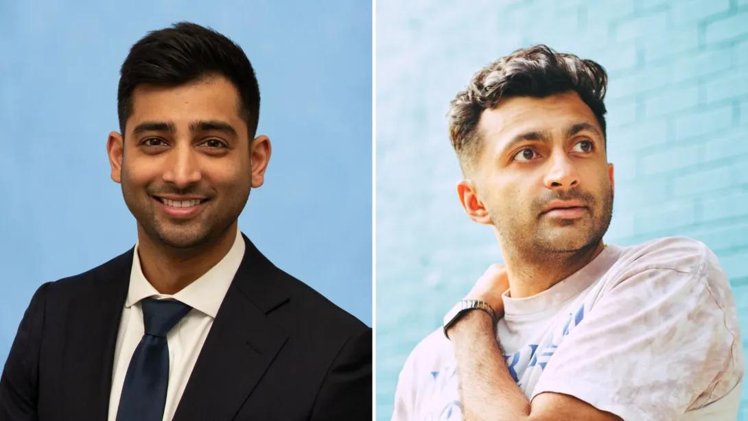 Graphic with Indian-American male doctor in a dark suit and an Indian-American male comedian in a light t-shirt