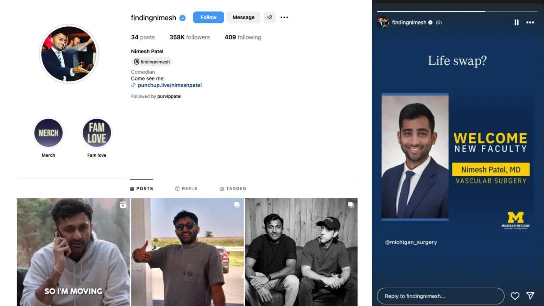 Screenshot of Nimesh Patel's instagram page and a post from his stories