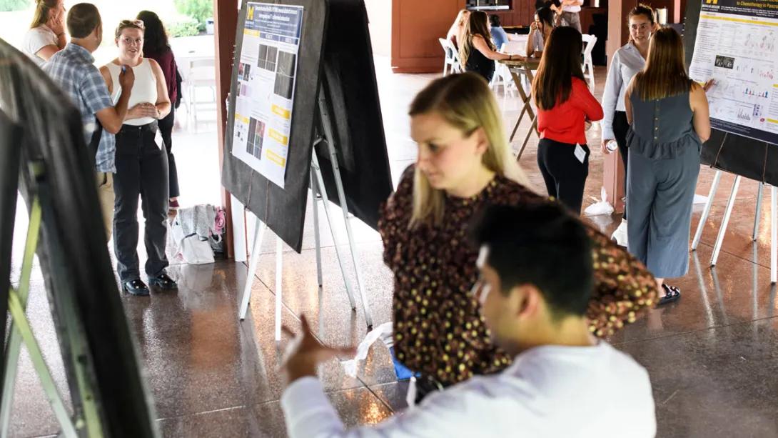 Researchers look at posters on display during the retreat