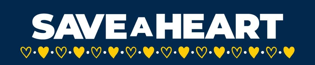 SAVE A HEART text with yellow hearts and white dots below on a blue background.