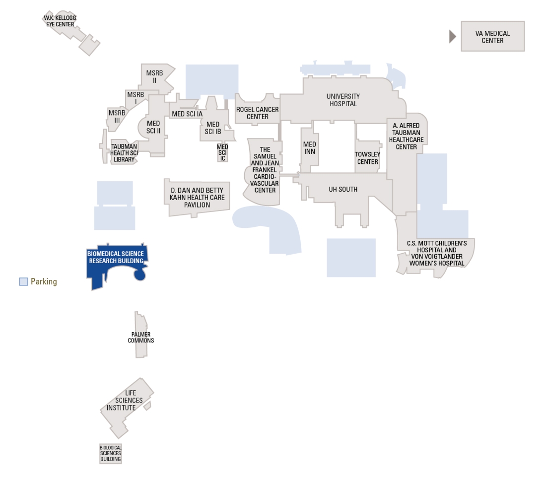 Map of the medical center with the Biomedical Science Research Building highlighted