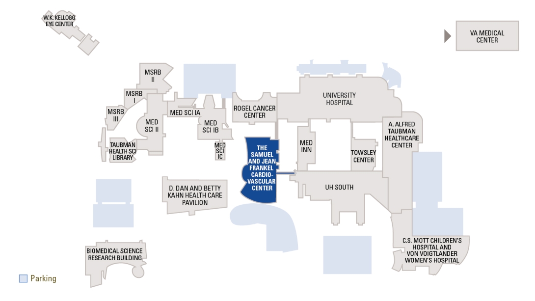 Map of the medical center with the Frankel Cardiovascular Center highlighted