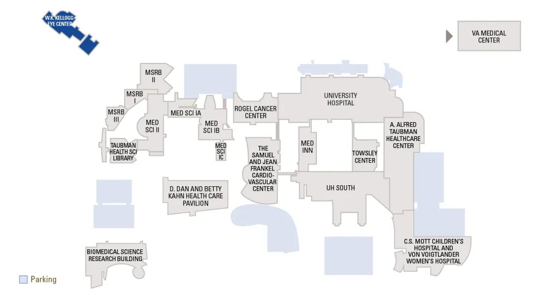 Map of the medical center with Kellogg Eye Center highlighted