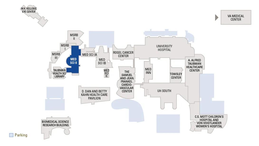 Map of the medical center with the Med Sci II buidling highlighted