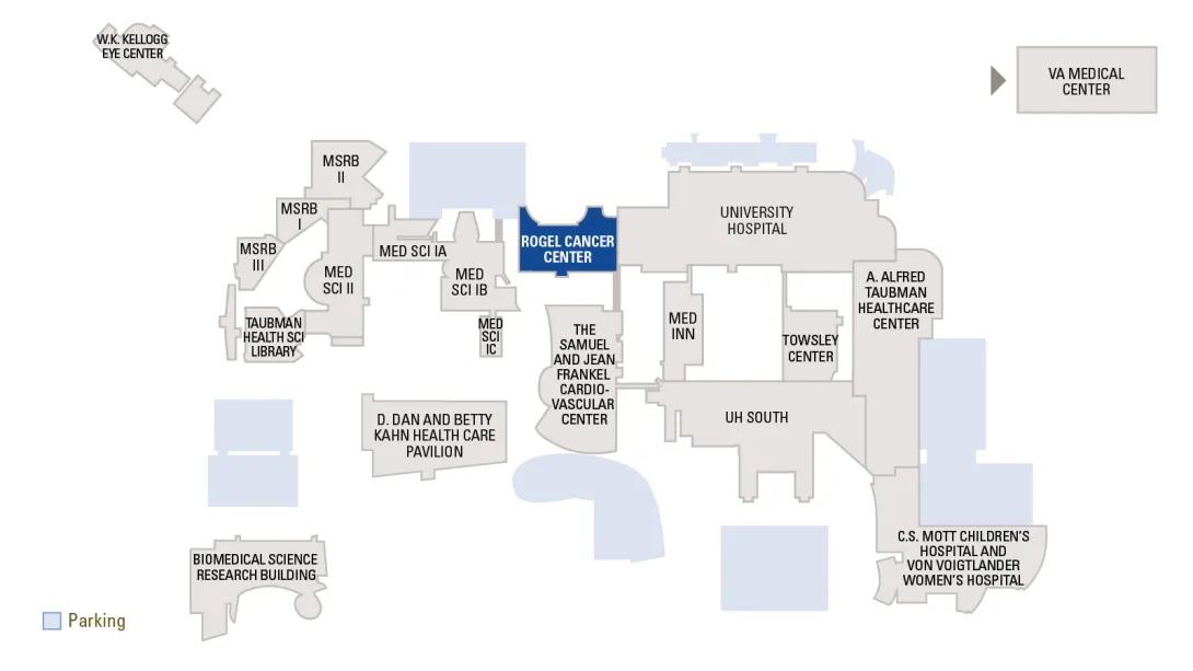 Map of the medical center with Rogel Cancer Center highlighted