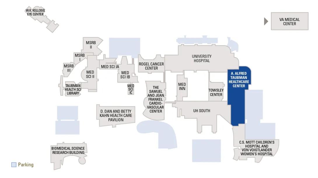 Map of the medical center with Taubman Health Care Center highlighted