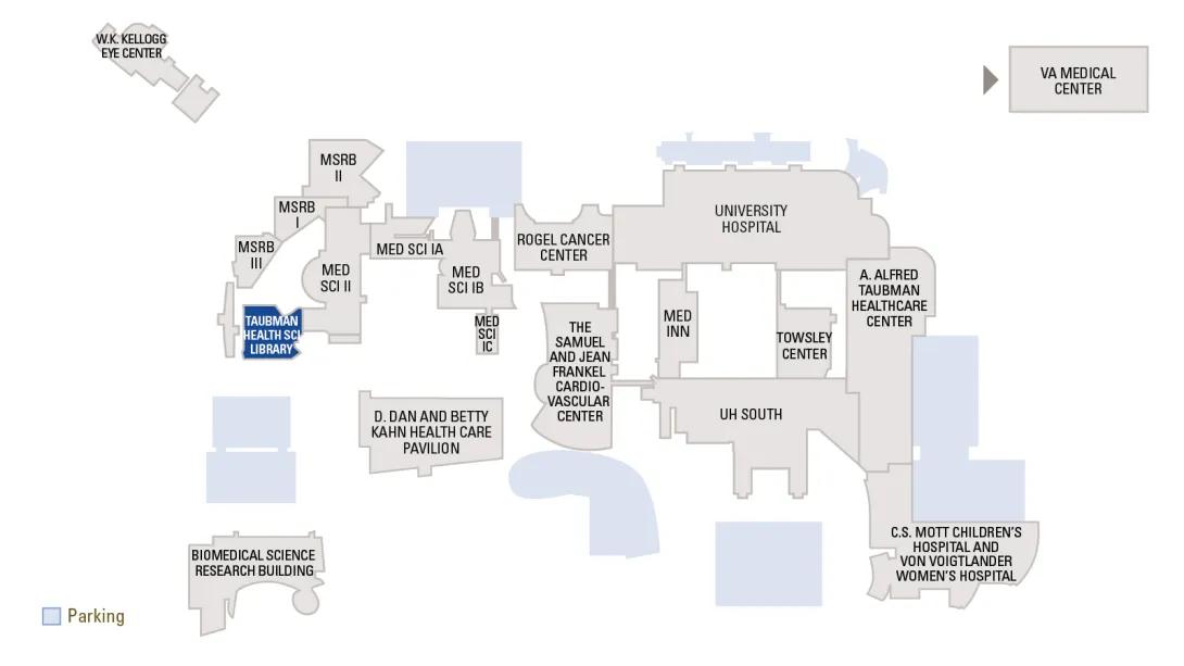 Map of the medical center with Taubman Health Sciences Library highlighted