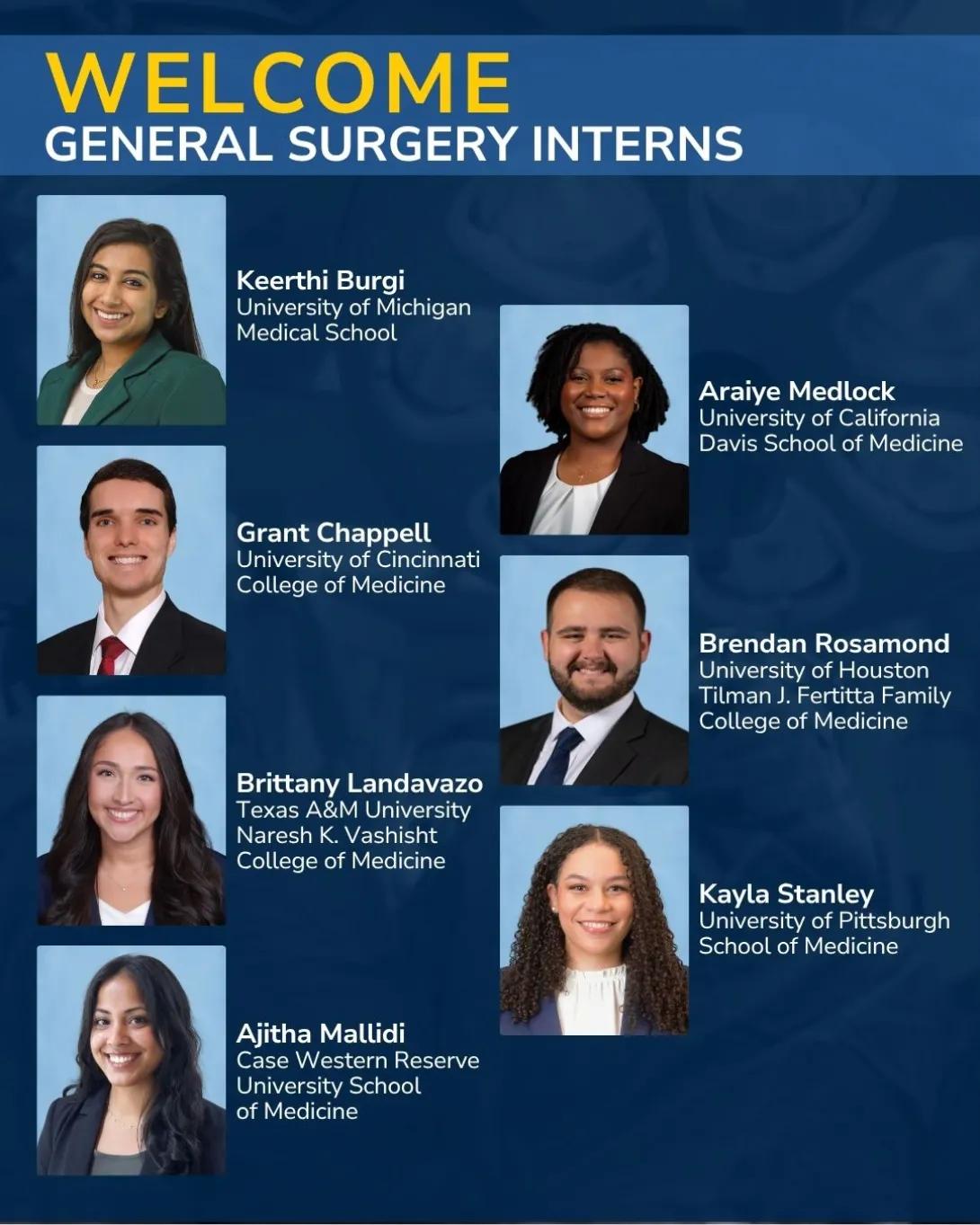 Announcement graphic welcoming new matches into general surgery residency at Michigan Medicine featuring Keerthi Burgik, Grant Chappell, Brittany Landavazo, Ajitha Mallidi, Araiye Medlock, Brendan Rosamond and Kayla Stanley.