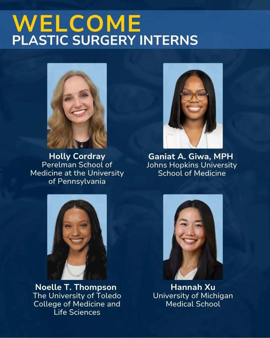 Announcement graphic welcoming new matches into plastic surgery residency at Michigan Medicine featuring Holly Cordray, Ganiat A. Giwa, MPH, Noelle T. Thompson and Hannah Xu.