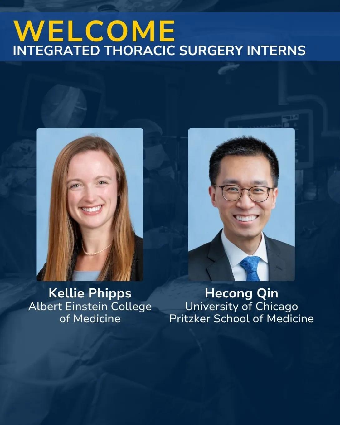 Announcement graphic welcoming new matches into thoracic surgery residency at Michigan Medicine featuring Kellie Phipps and Hecong Qin. 
