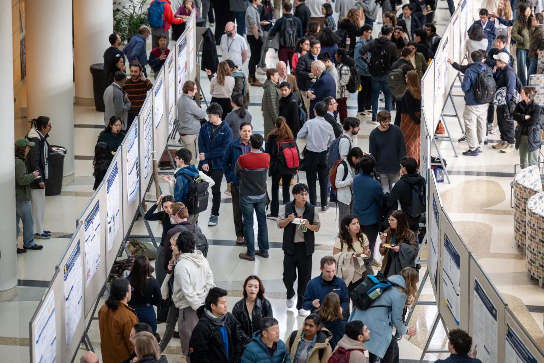 A crowd looking at research posters. Taken from a bird's eye view.