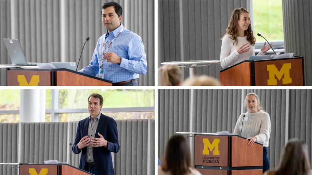 Four presenters speak from University of Michigan podiums during Data Blitz talks at the Department of Anesthesiology Research Retreat.