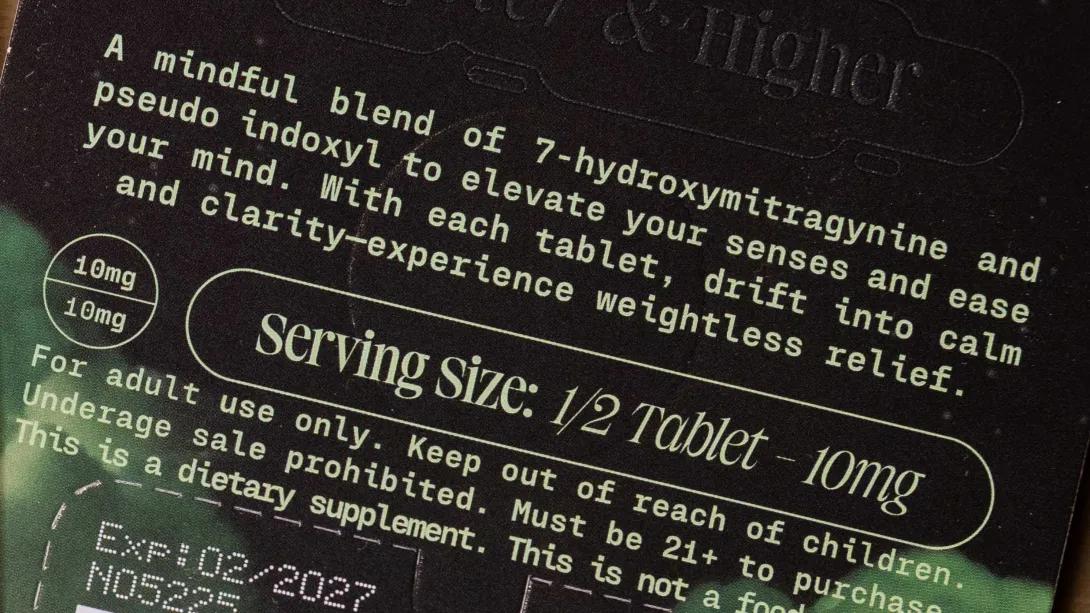 A closeup view of the back of a package of a product containing 7-OH and pseudoindoxyl, purchased in Michigan in 2026